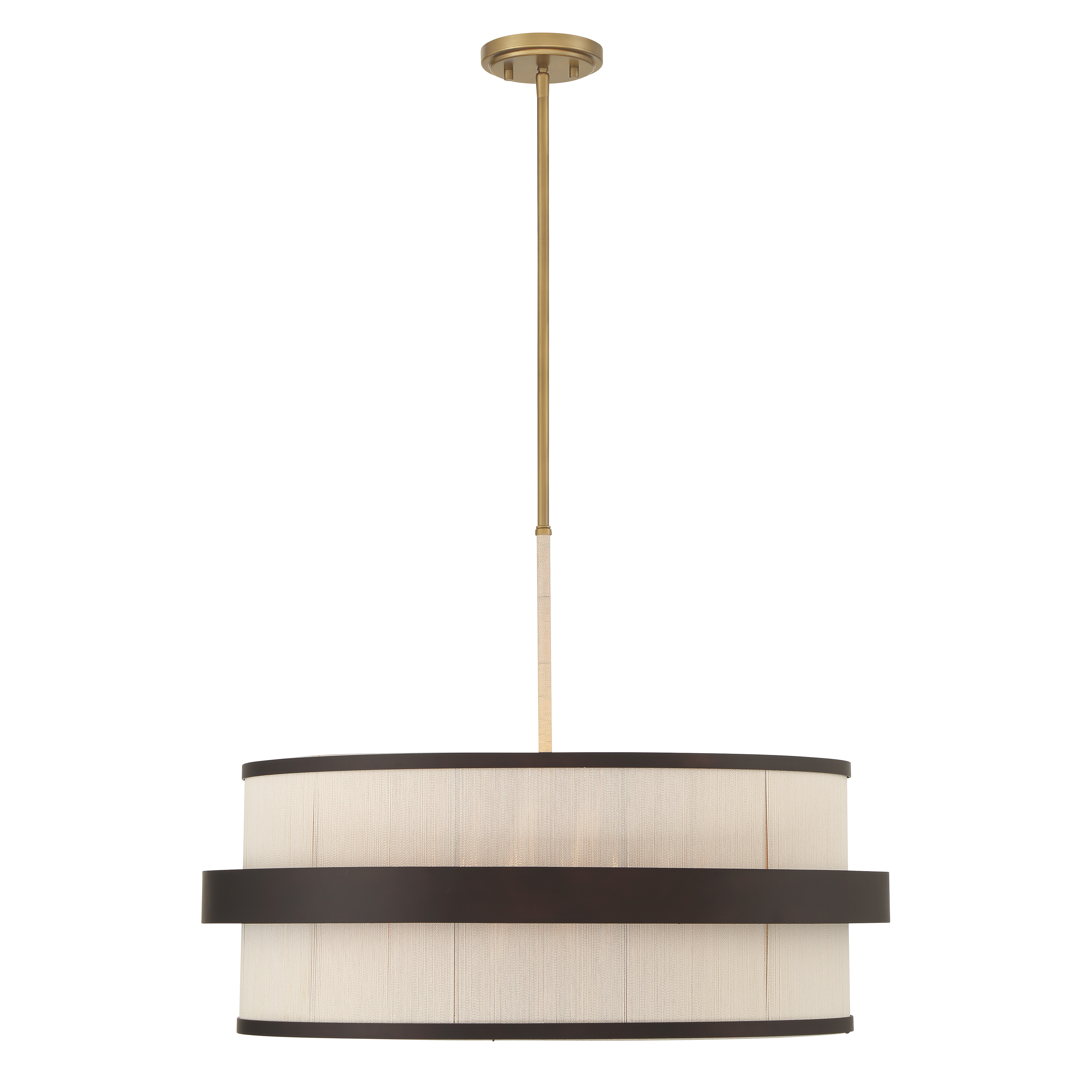 The Harbor Wrap pendant brings organic texture and modern sophistication with its hand-wrapped tan cotton thread shade. The 28-inch diameter makes a bold statement while the mixed metal finish adds depth and visual interest. - alternate view