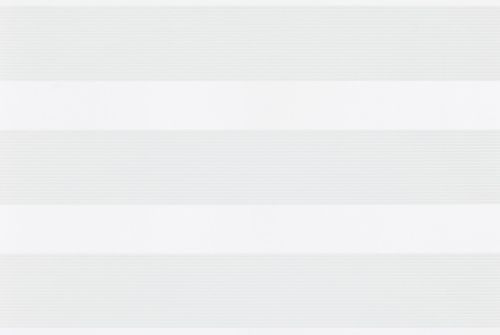 Horizontal zebra roller blind spanning the window, alternating opaque white and narrow translucent striped bands; partially closed, filtering soft daylight into a neutral, evenly lit interior with no visible view.