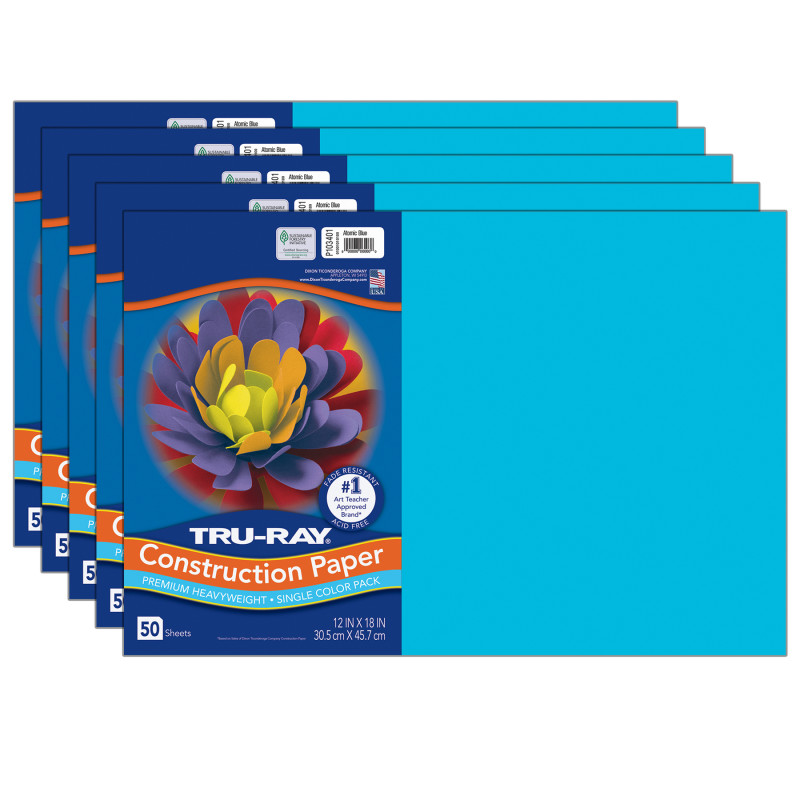 Construction Paper, Heavyweight, Atomic Blue, 12" x 18", 50 Sheets Per Pack, 5 Packs