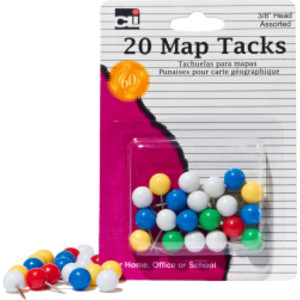 Map Tacks, 3/8" Head, Assorted Colors, Pack of 20
