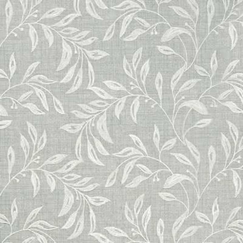 Gray linen-textured wallpaper with repeating white leafy vine pattern; decorating and covering a wall surface; shown close-up under even, soft diffuse lighting as a fabric-like sample.