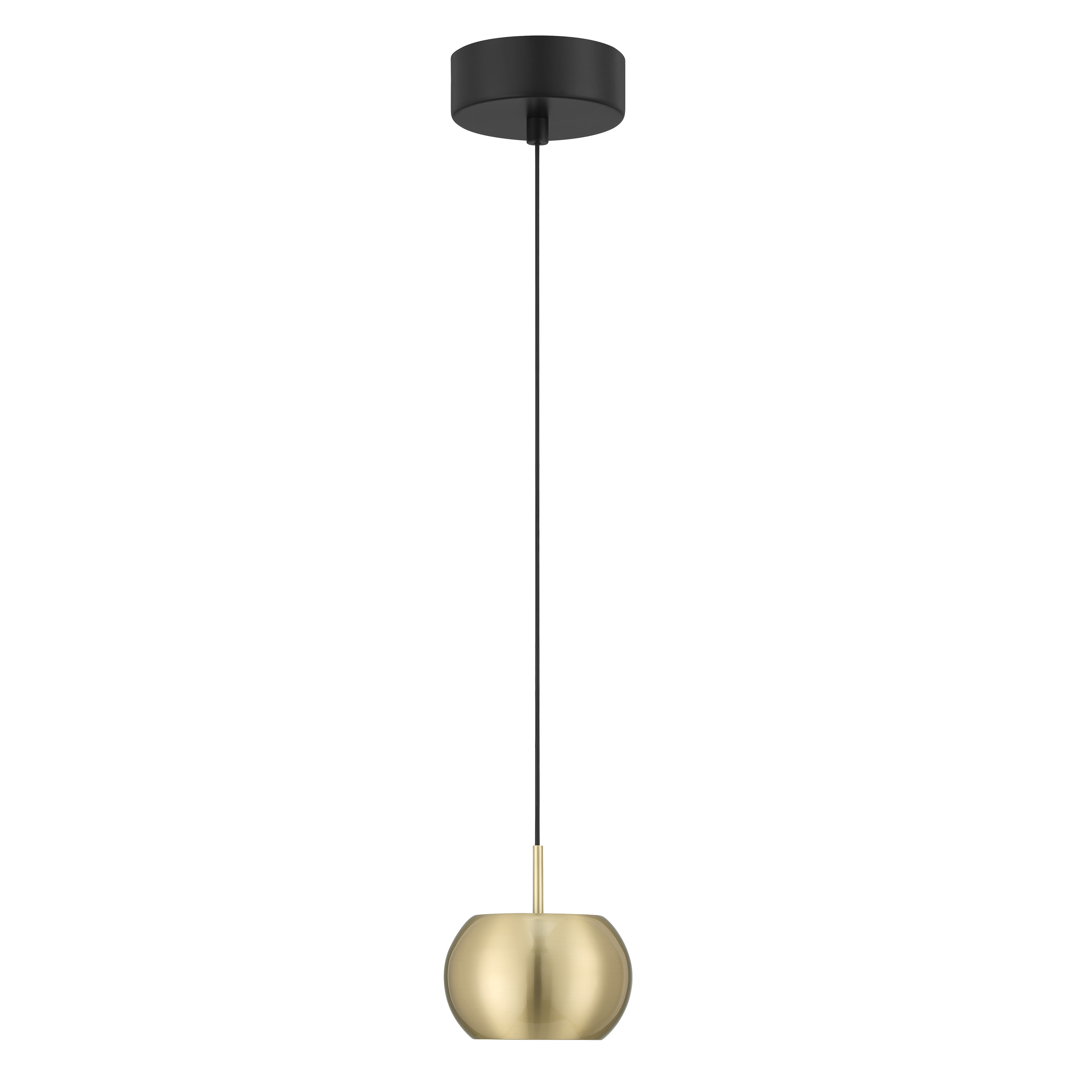 The Halo LED Mini Pendant combines sleek modern design with practical LED technology. Its compact 5-inch size and striking coal and brushed gold finish make it perfect for task lighting or clustered installations. - alternate view