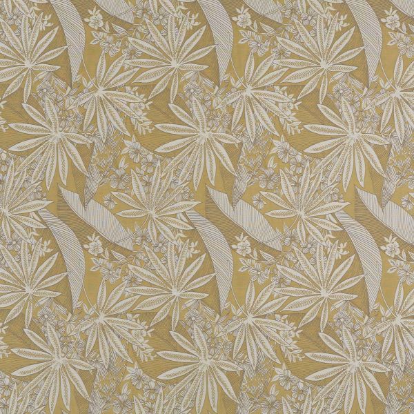 Decorative wallpaper with large cream, star-shaped botanical leaves and slender striped fronds — repeating across the surface — creating a dense, vintage-style floral pattern on a muted mustard-gold background.