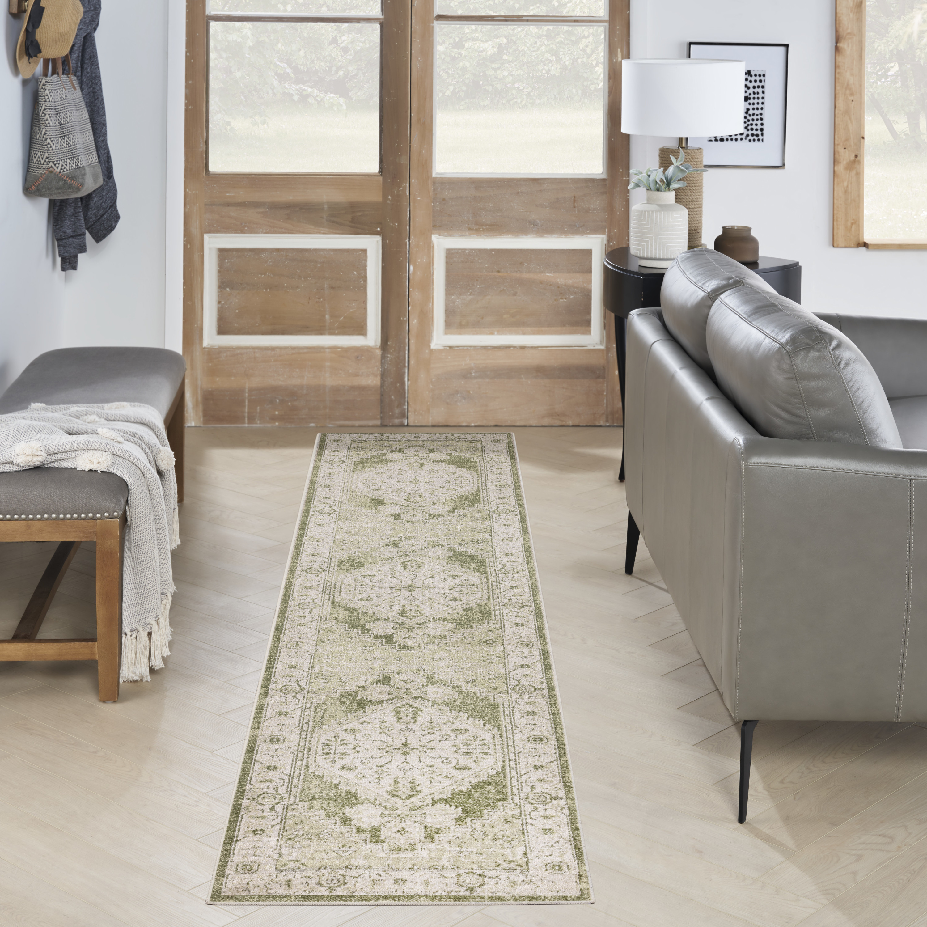 Nourison Astra Machine Washable 2'2" x 8' Ivory Green Vintage Indoor Rug