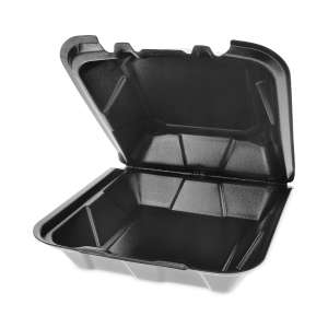 PCTYTDB99010000, Pactiv Corp, Vented Foam Hinged Lid Container, Dual Tab Lock, 9 x 9 x 3.25, Black