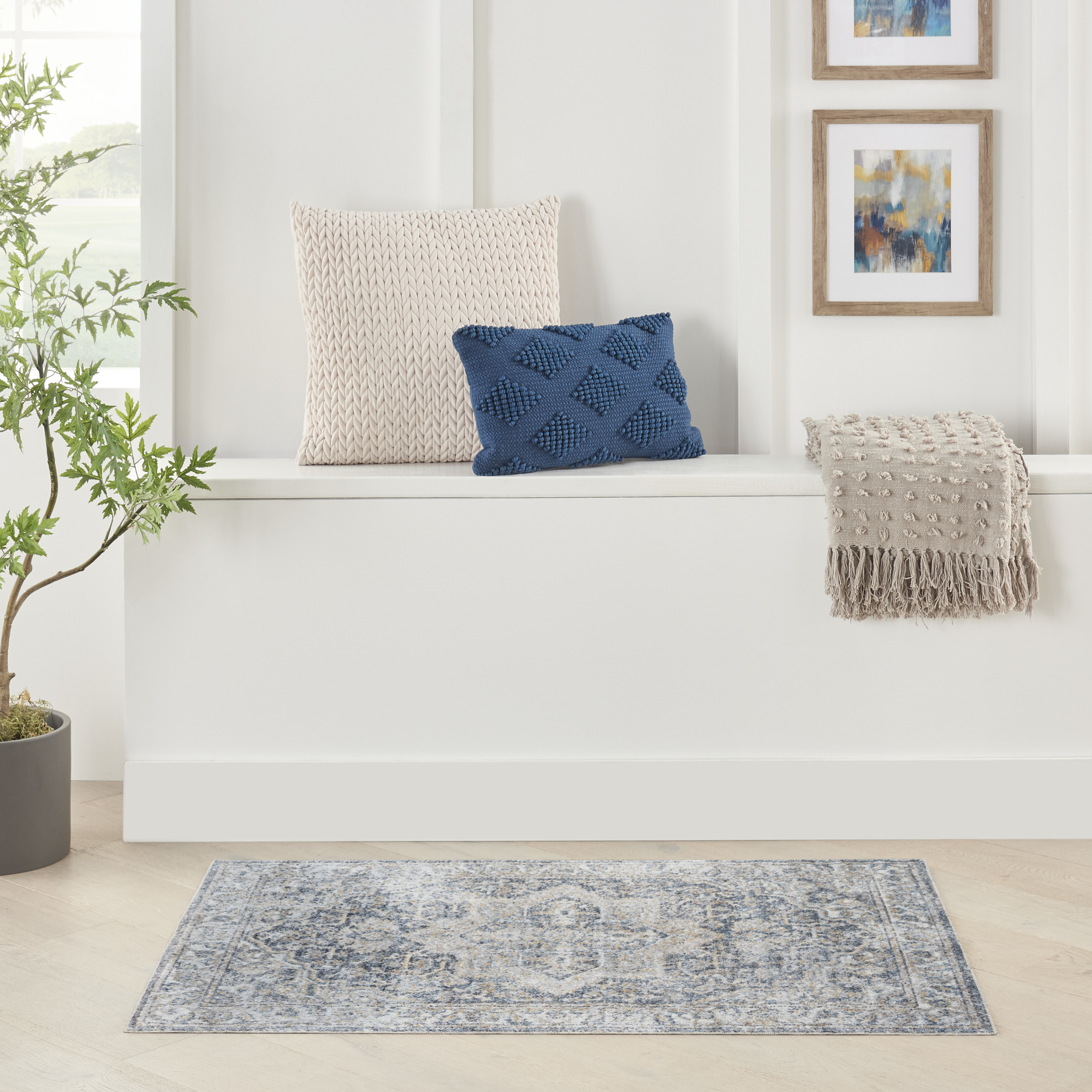 Nourison Astra Machine Washable 2'2" x 4' Grey Blue Vintage Indoor Rug