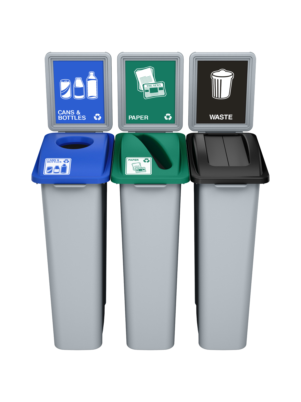 WASTE WATCHER – Triple – Kit – Cans & Bottles-Paper-Waste – Circle-Slot-Swing – Grey-Blue-Green-Black-Grey