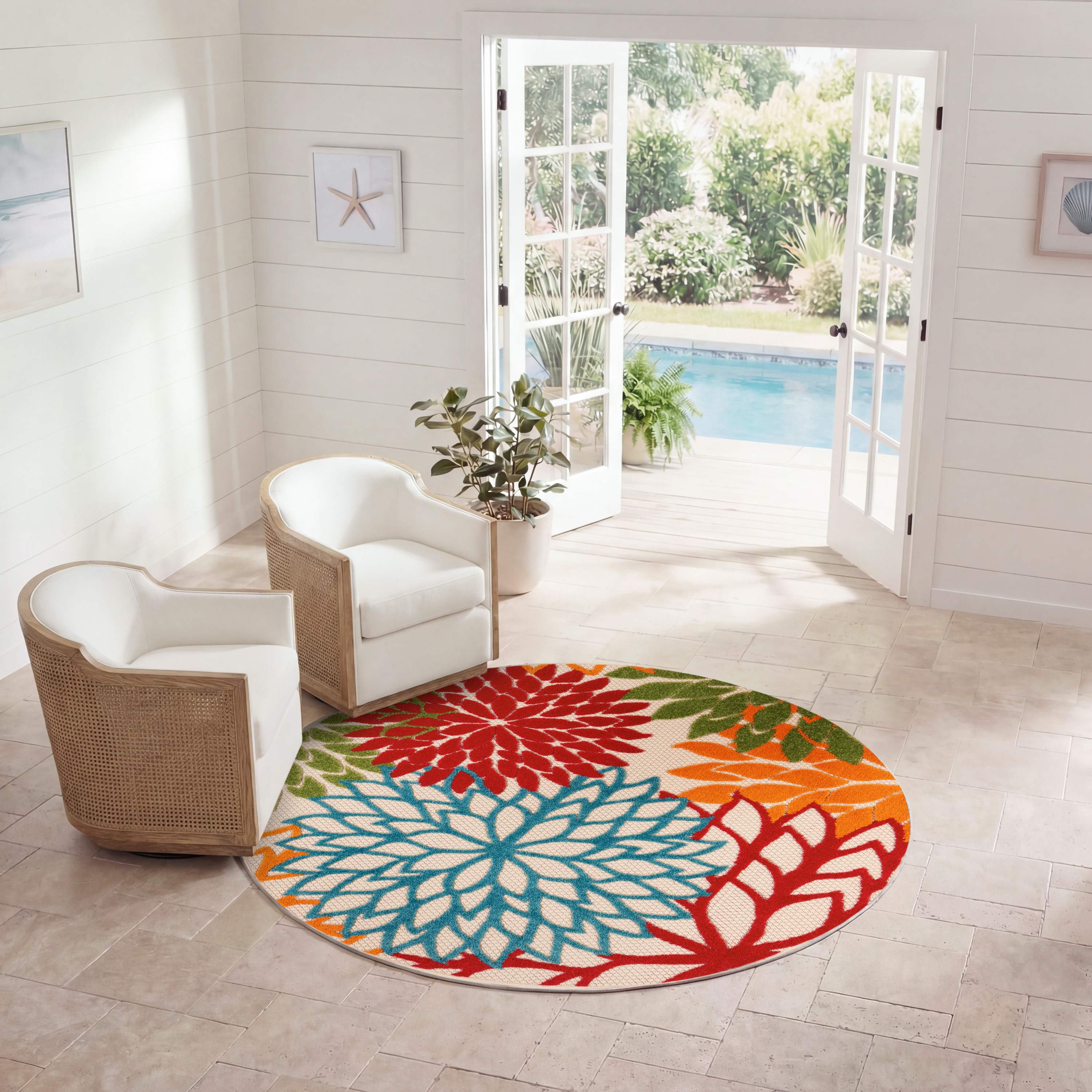 Nourison Aloha 4' x Round Green Tropical Rug