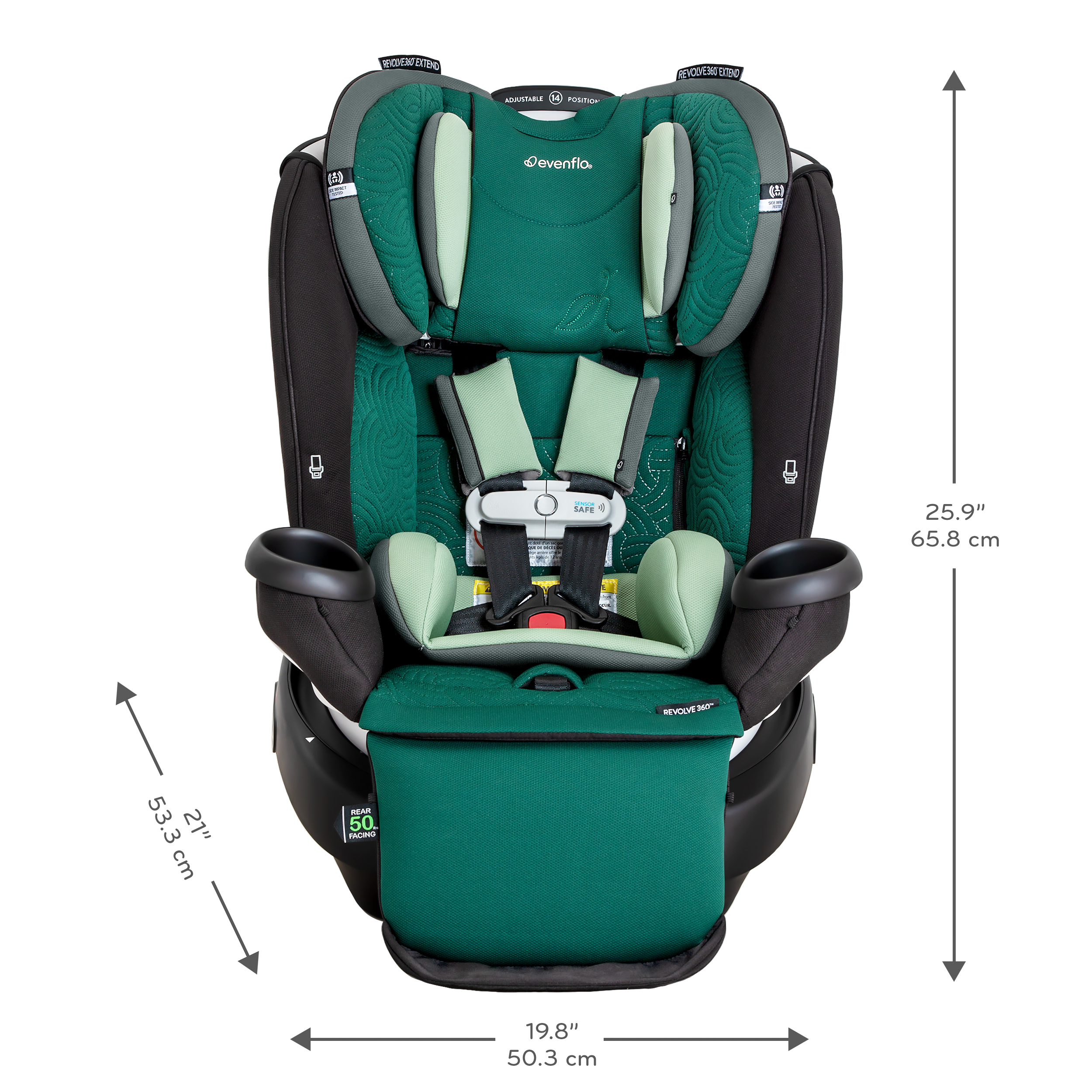 Revolve360 Extend All-in-One Rotational Car Seat with Green & Gentle Fabric Specifications
