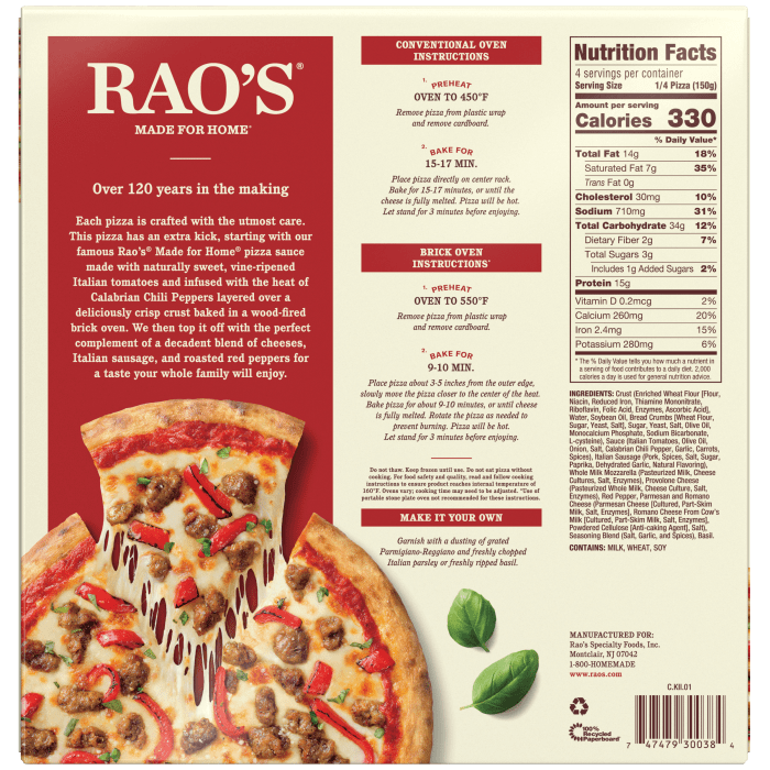 Italian Sausage Arrabbiata Frozen Pizza, 21.2 oz - Back Image
