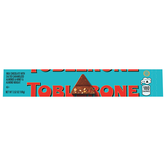 TOBLERONE Milk Chocolate Bar with Salted Caramelized Almonds and Honey and Almond Nougat, 3.52 oz