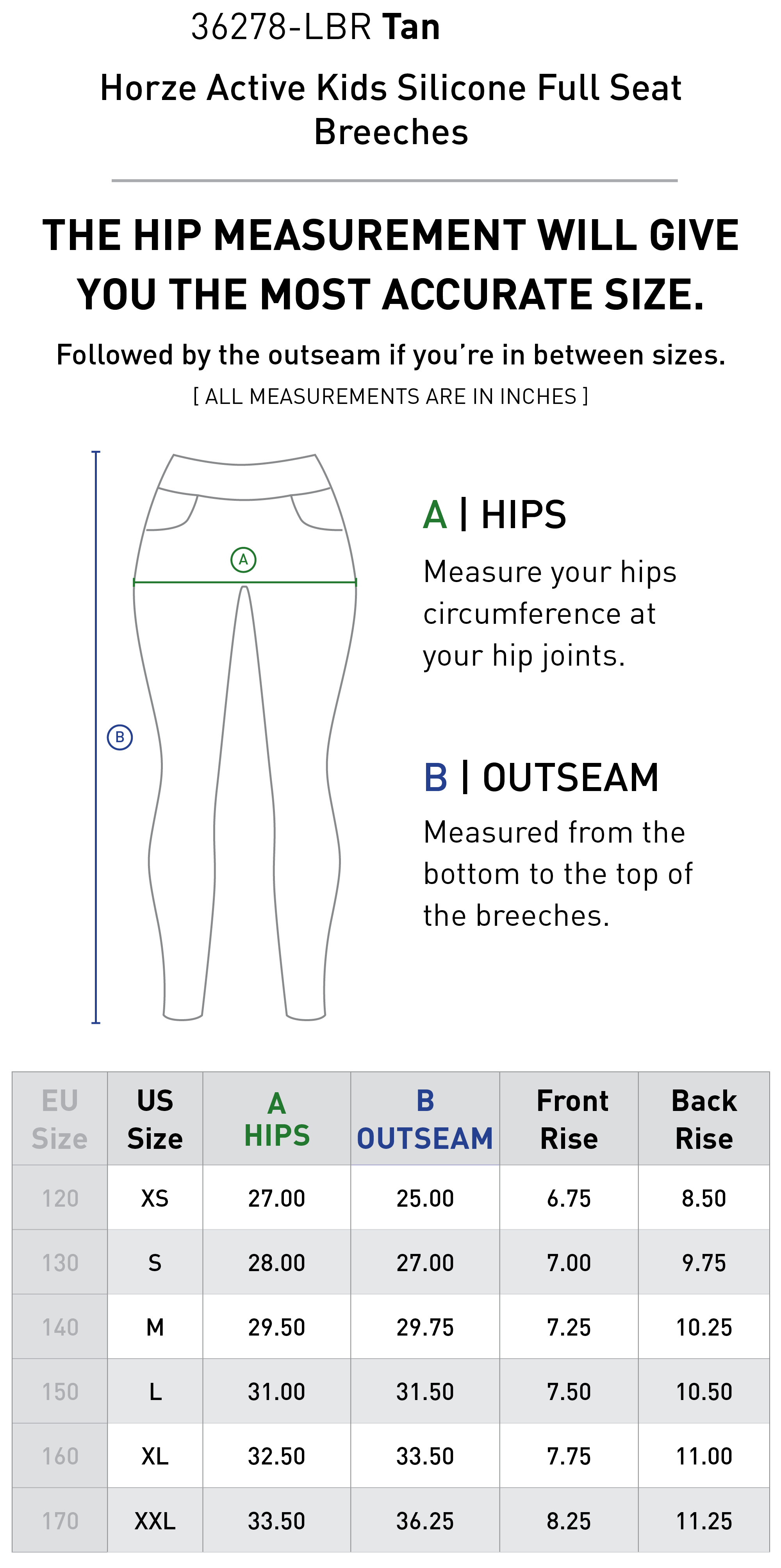Size chart for Horze Active Kids Silicone Full Seat Breeches - Tan