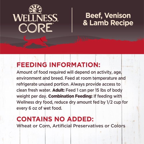 <p>Feeding Guidelines<br />
“Amount of food required will depend on activity, age, environment and breed. Feed at room temperature and refrigerate unused portion. Always provide access to clean fresh water.  </p>
<p>Adult: Feed 1 can per 15 lbs of body weight per day”<br />
Combination Feeding: If feeding with Wellness dry food, reduce dry amount fed by 1/2 cup for every 6 oz of wet food.</p>
