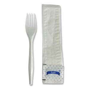 Boardwalk, Three-Piece Utensil Set, Fork/Napkin/Salt Packet, White