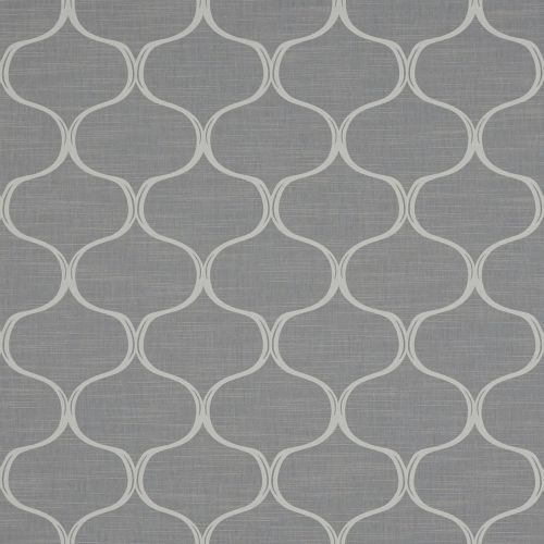 Grey textured wallpaper with overlapping white arabesque trellis pattern; pattern repeats uniformly across the surface; close-up view of a subtle, contemporary interior wall covering.