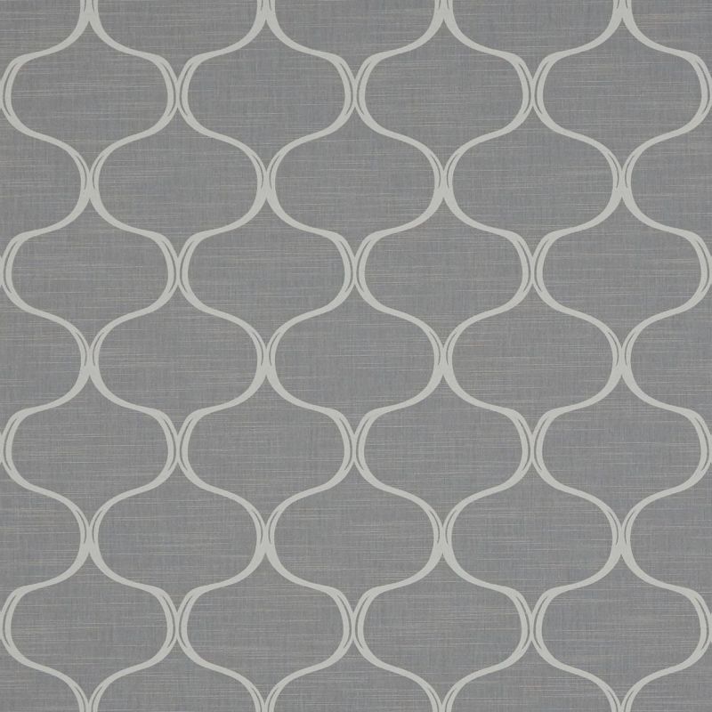 Grey textured wallpaper with overlapping white arabesque trellis pattern; pattern repeats uniformly across the surface; close-up view of a subtle, contemporary interior wall covering.