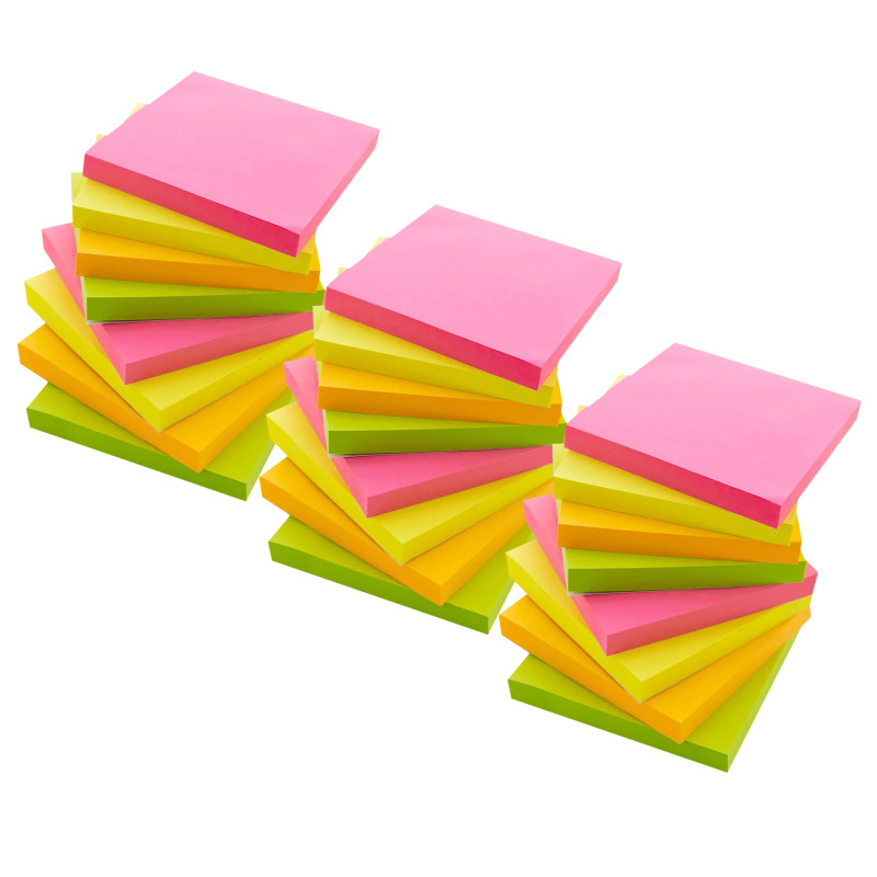 Stick On Notes, 3" x 3", Neon, 90 Sheets, 12 Per Pack, 3 Packs