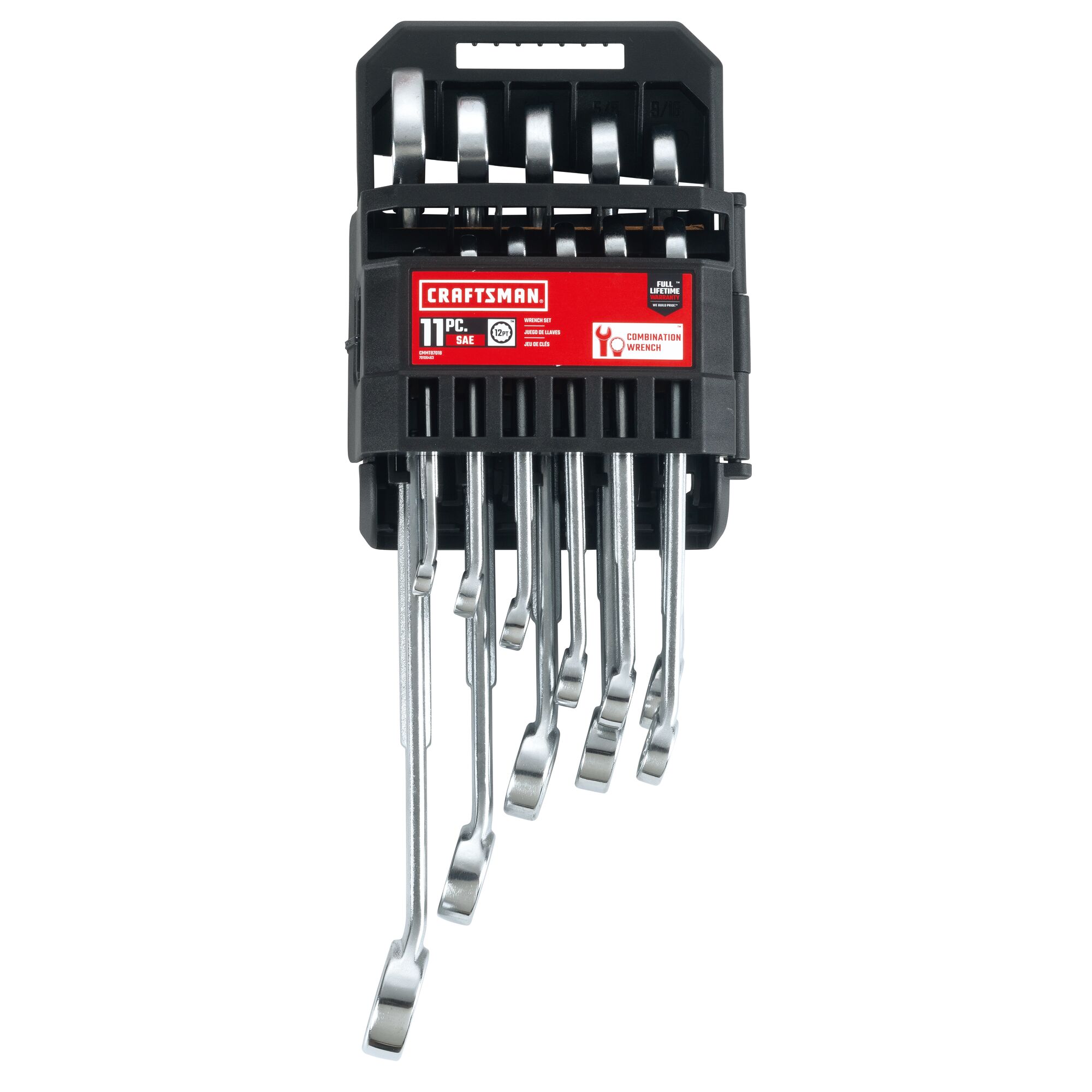 11 piece S A E raised panel combination wrench set in packaging.