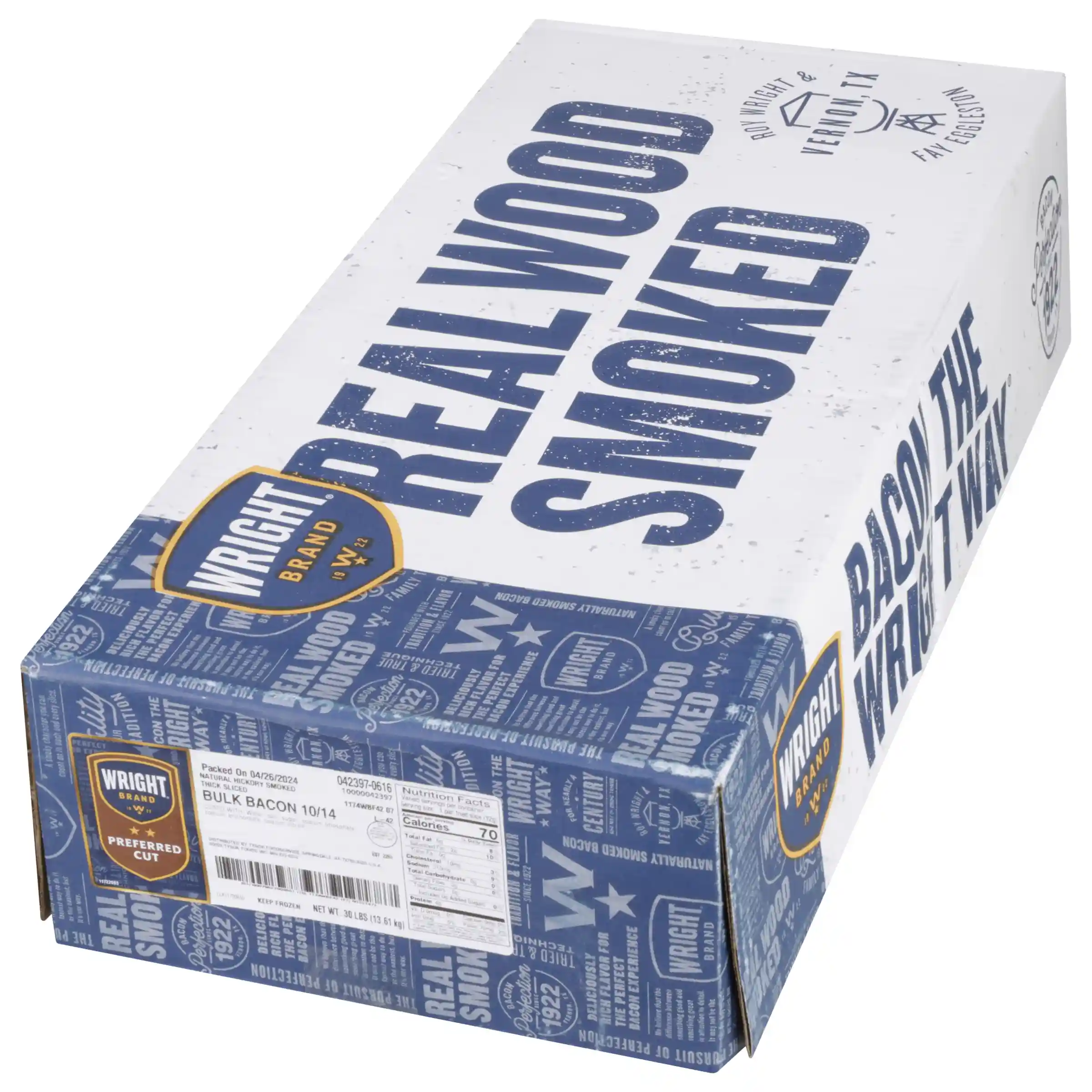 Wright® Brand Naturally Hickory Smoked Thick Sliced Bacon, Bulk, 30 Lbs, 10-14 Slices per Pound, Frozen_image_5