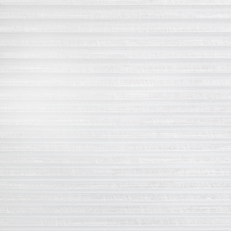 White pleated cellular blind covering entire window, fully closed and filtering soft daylight; subtle horizontal fabric texture in a bright, minimally furnished interior.