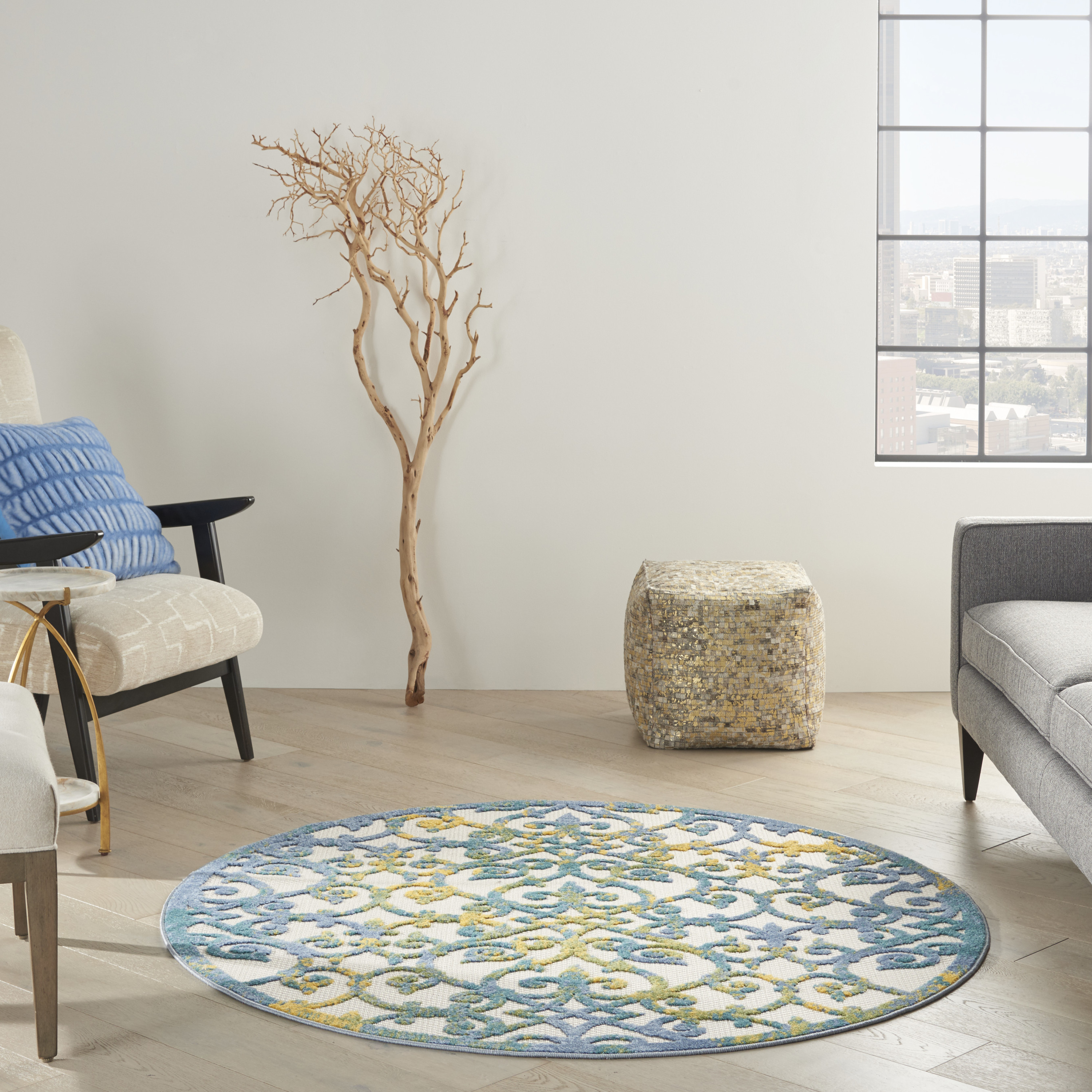 Nourison Aloha 5'3" x Round Ivory Blue Contemporary Rug