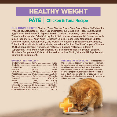 <p>Chicken, Tuna, Chicken Broth, Tuna Broth, Water Sufficient for Processing, Sole, Natural Flavor, Ground Miscanthus Grass, Pea Fiber, Taurine, Dried Egg Whites, Sunflower Oil, Tapioca Starch, Calcium Carbonate, Locust Bean Gum, Tricalcium Phosphate, Dried Chicory Root, Salt, Marine Microalgae Oil (preserved with mixed tocopherols), Agar-Agar, Potassium Chloride, Guar Gum, Magnesium Sulfate, Choline Chloride, Xanthan Gum, Zinc Proteinate, Vitamin E Supplement, L-Carnitine, Thiamine Mononitrate, Iron Proteinate, Menadione Sodium Bisulfite Complex (Vitamin K), Niacin Supplement, Manganese Proteinate, Copper Proteinate, Vitamin A Supplement, Pyridoxine Hydrochloride, d-Calcium Pantothenate, Sodium Selenite, Riboflavin Supplement, Folic Acid, Potassium Iodide, Biotin, Vitamin B12 Supplement, Vitamin D3 Supplement.</p>
