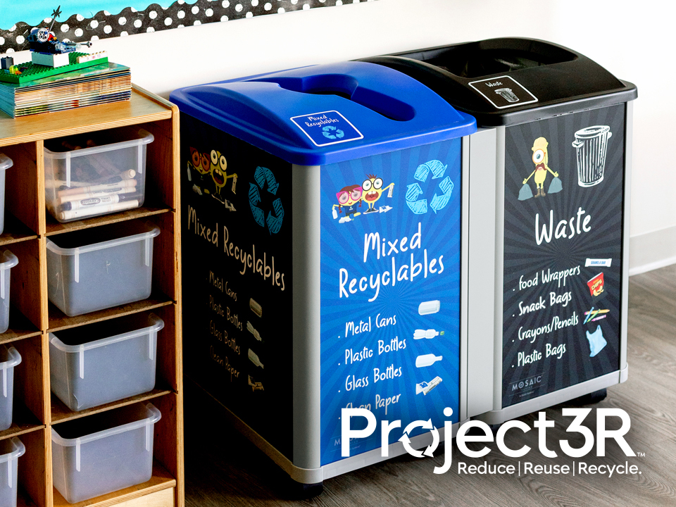child-friendly recycling and waste containers with fun kid focused signs and labels to make recycling fun