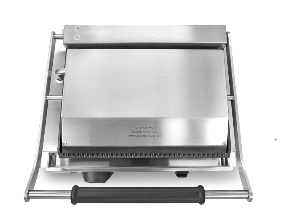 120-volt single panini sandwich grill with cast-iron grooved plates and NEMA 5-15P Plug