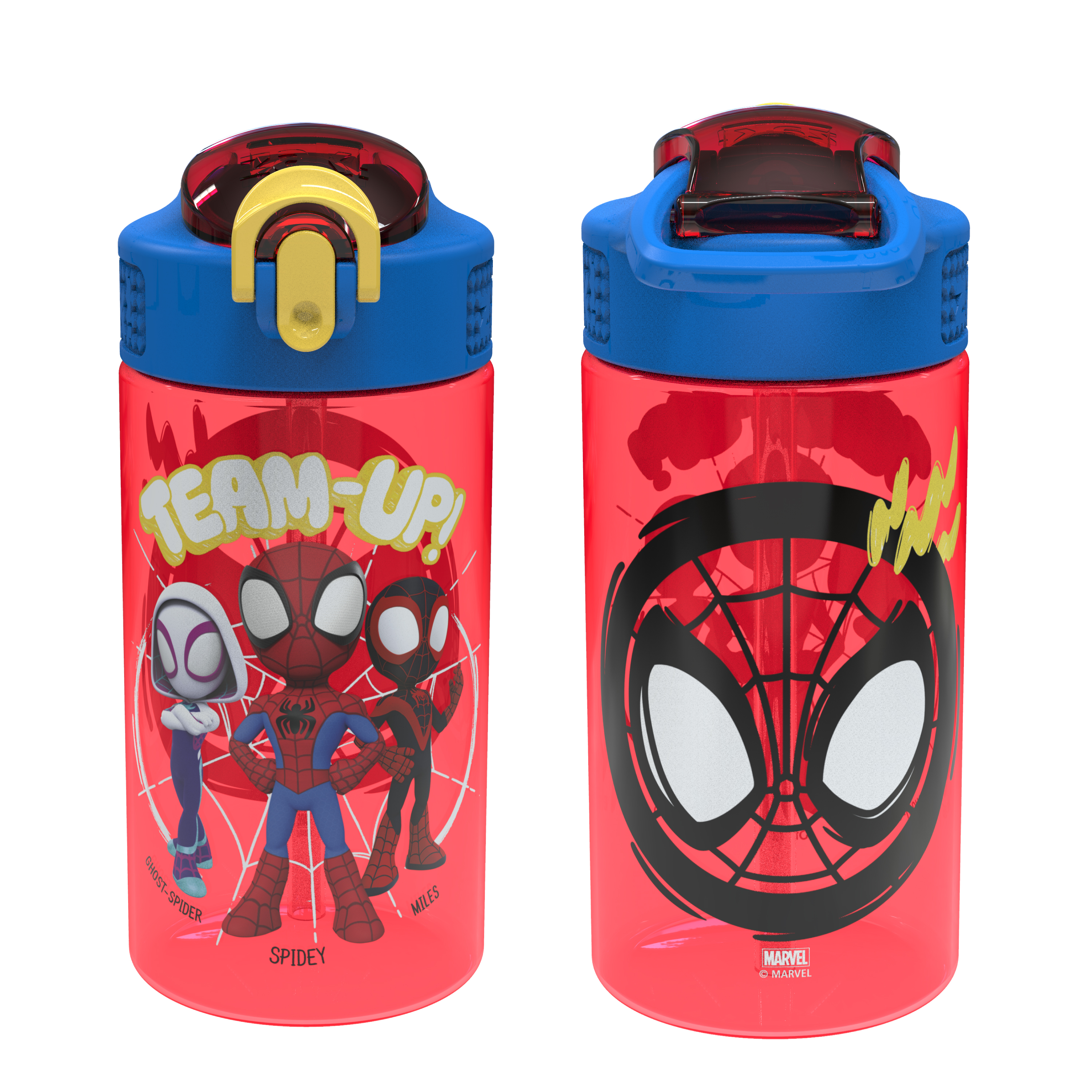 Spider-Man and His Amazing Friends 16 ounce Reusable Plastic Water Bottle with Straw, Spider-Friends, 2-piece set slideshow image 1
