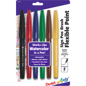 Sign Pen Brush Tip, Assorted Colors, 6-Pack