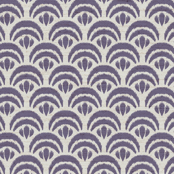 Purple fan-shaped motifs repeat across a beige textured background, forming staggered scalloped rows; each semicircle contains smaller arches and a tulip-like central element, resembling woven fabric.