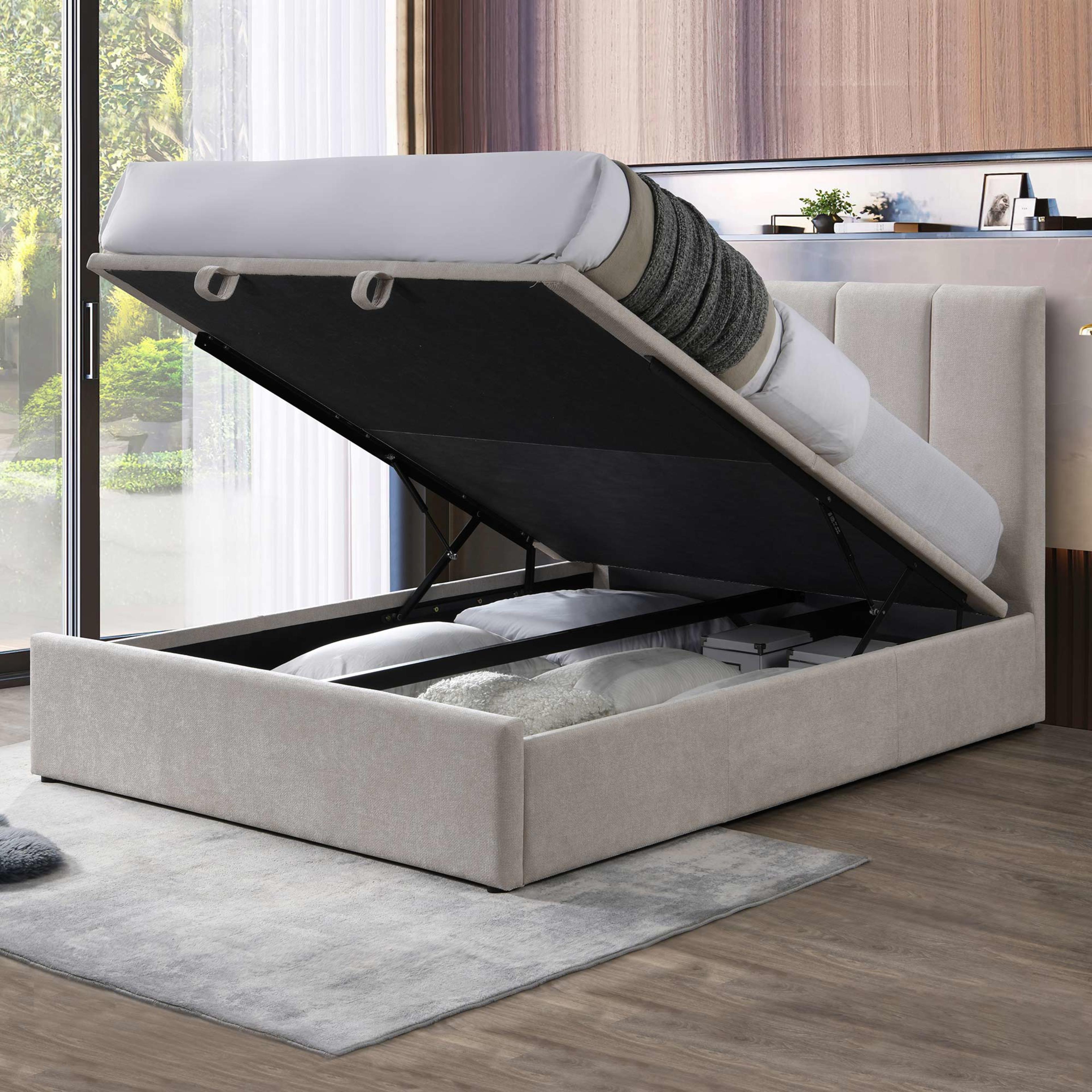 Lifestyle image of the  Harlow Bed Frame, Gas Lift Base, Beige from Forty Winks