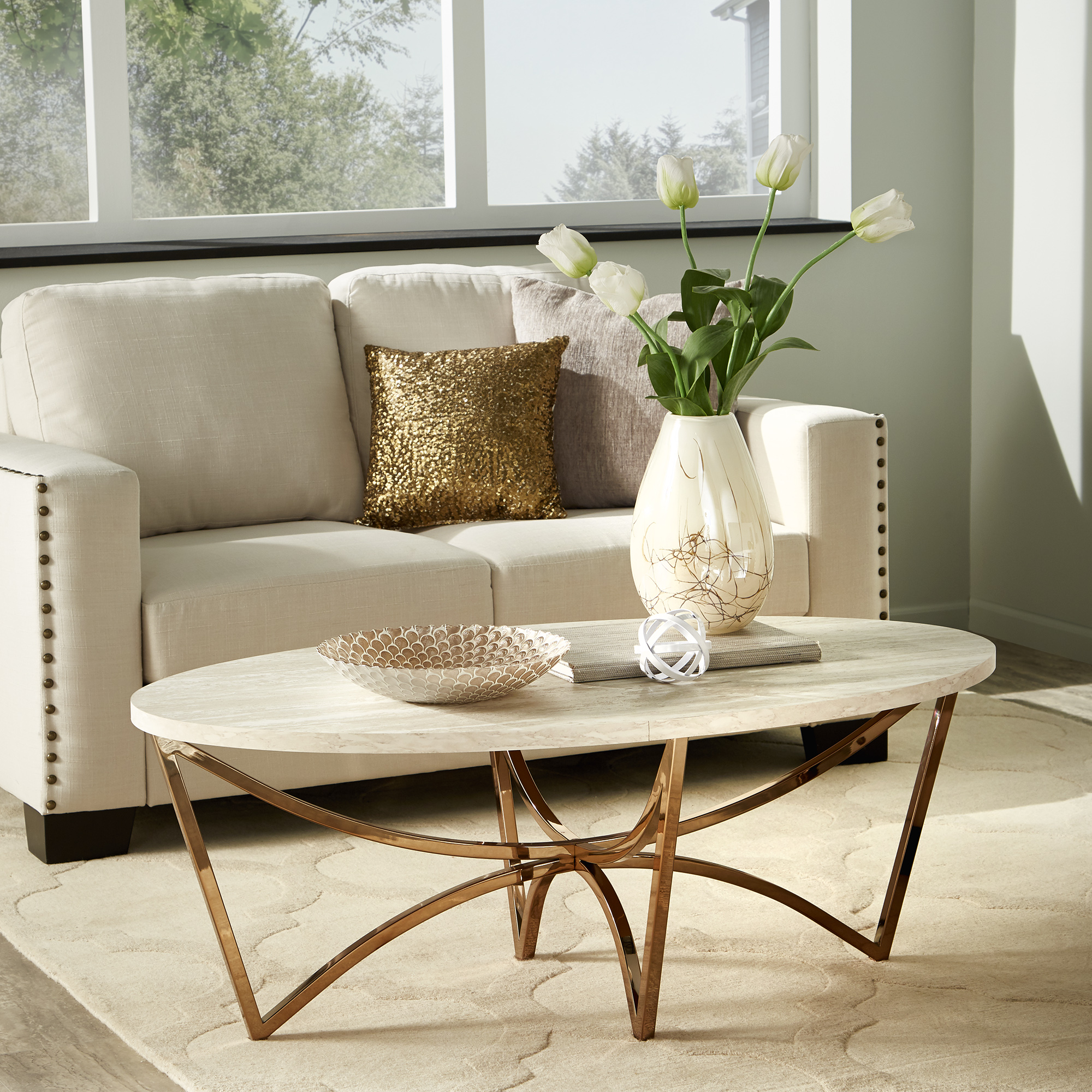 Champagne Gold Finish Coffee Table with White Faux Marble Top