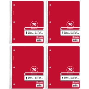 1-Subject Spiral Notebooks, Wide Ruled, 70 Count, Red, 4-Pack