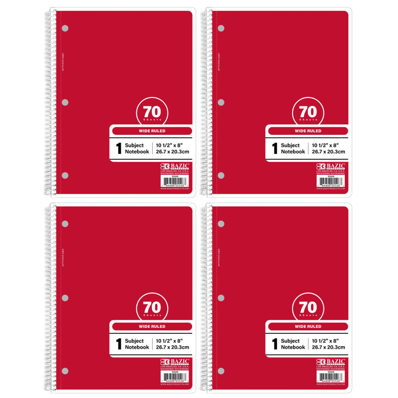 1-Subject Spiral Notebooks, Wide Ruled, 70 Count, Red, 4-Pack