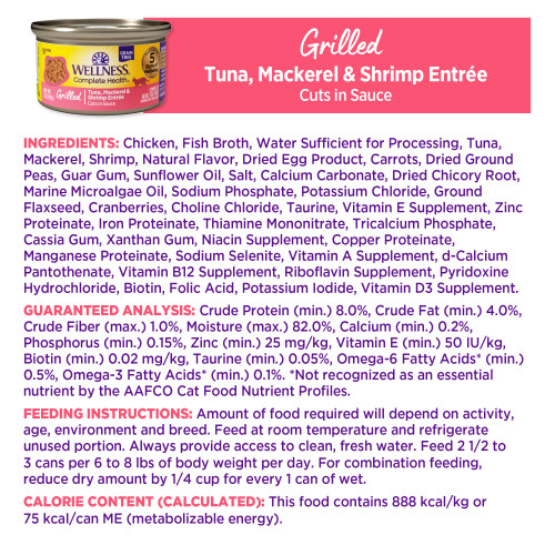 <p>Chicken, Fish Broth, Water Sufficient for Processing, Tuna, Mackerel, Shrimp, Natural Flavor, Dried Egg Product, Carrots, Dried Ground Peas, Guar Gum, Sunflower Oil, Salt, Calcium Carbonate, Dried Chicory Root, Marine Microalgae Oil, Sodium Phosphate, Potassium Chloride, Ground Flaxseed, Cranberries, Choline Chloride, Taurine, Vitamin E Supplement, Zinc Proteinate, Iron Proteinate, Thiamine Mononitrate, Tricalcium Phosphate, Cassia Gum, Xanthan Gum, Niacin Supplement, Copper Proteinate, Manganese Proteinate, Sodium Selenite, Vitamin A Supplement, d-Calcium Pantothenate, Vitamin B12 Supplement, Riboflavin Supplement, Pyridoxine Hydrochloride, Biotin, Folic Acid, Potassium Iodide, Vitamin D3 Supplement.</p>
