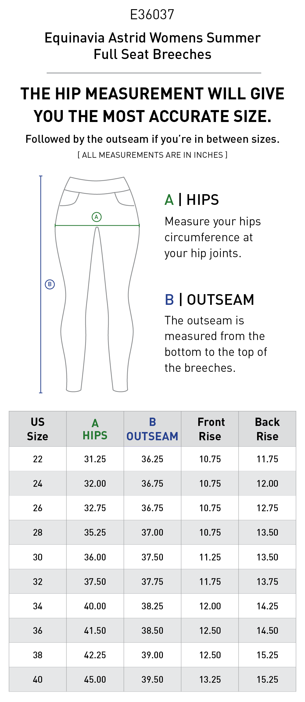 Size chart for Equinavia Astrid Womens Summer Full Seat Breeches - Black/Orchid Mist