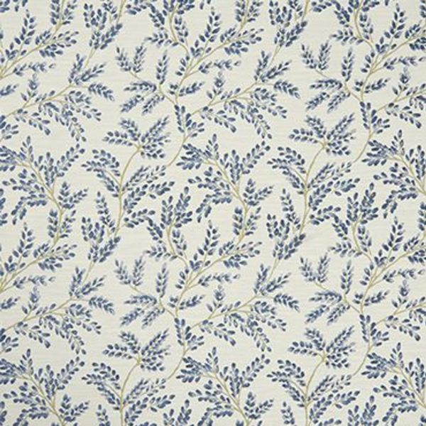 Decorative fabric or wallpaper with repeating blue leafy vine motifs; pattern printed across a cream surface, evenly lit close-up, used as wall covering or upholstery for a classic botanical interior.