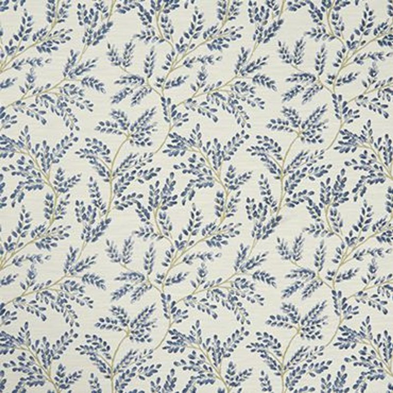 Decorative fabric or wallpaper with repeating blue leafy vine motifs; pattern printed across a cream surface, evenly lit close-up, used as wall covering or upholstery for a classic botanical interior.