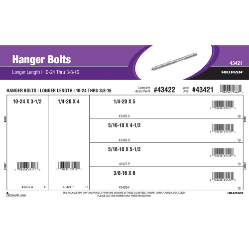 Longer Length Hanger Bolts Assortment (#10-24 thru 3/8