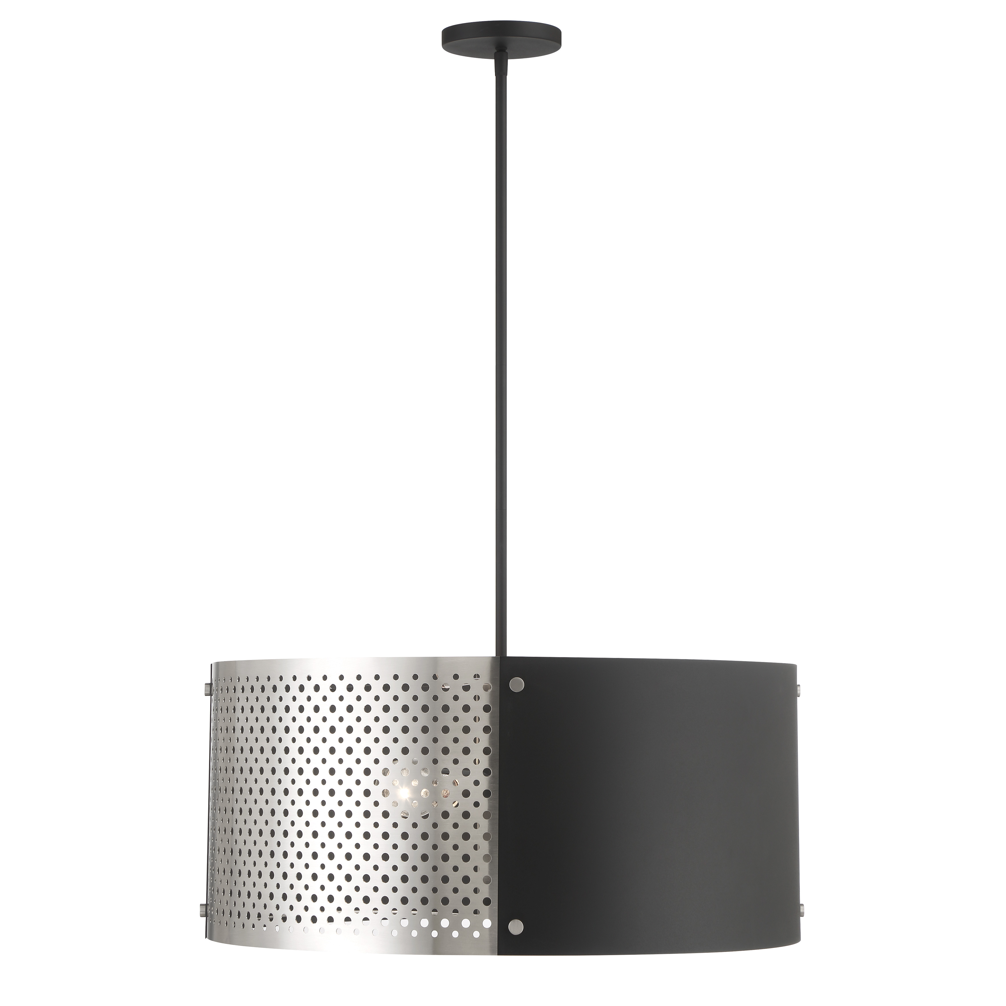 The Noho pendant by designer Robin Baron combines industrial steel construction with a sophisticated two-tone finish. At 24.5 inches wide, it provides substantial presence while the brushed nickel and coal finish adds depth and visual interest to modern and transitional spaces. - alternate view