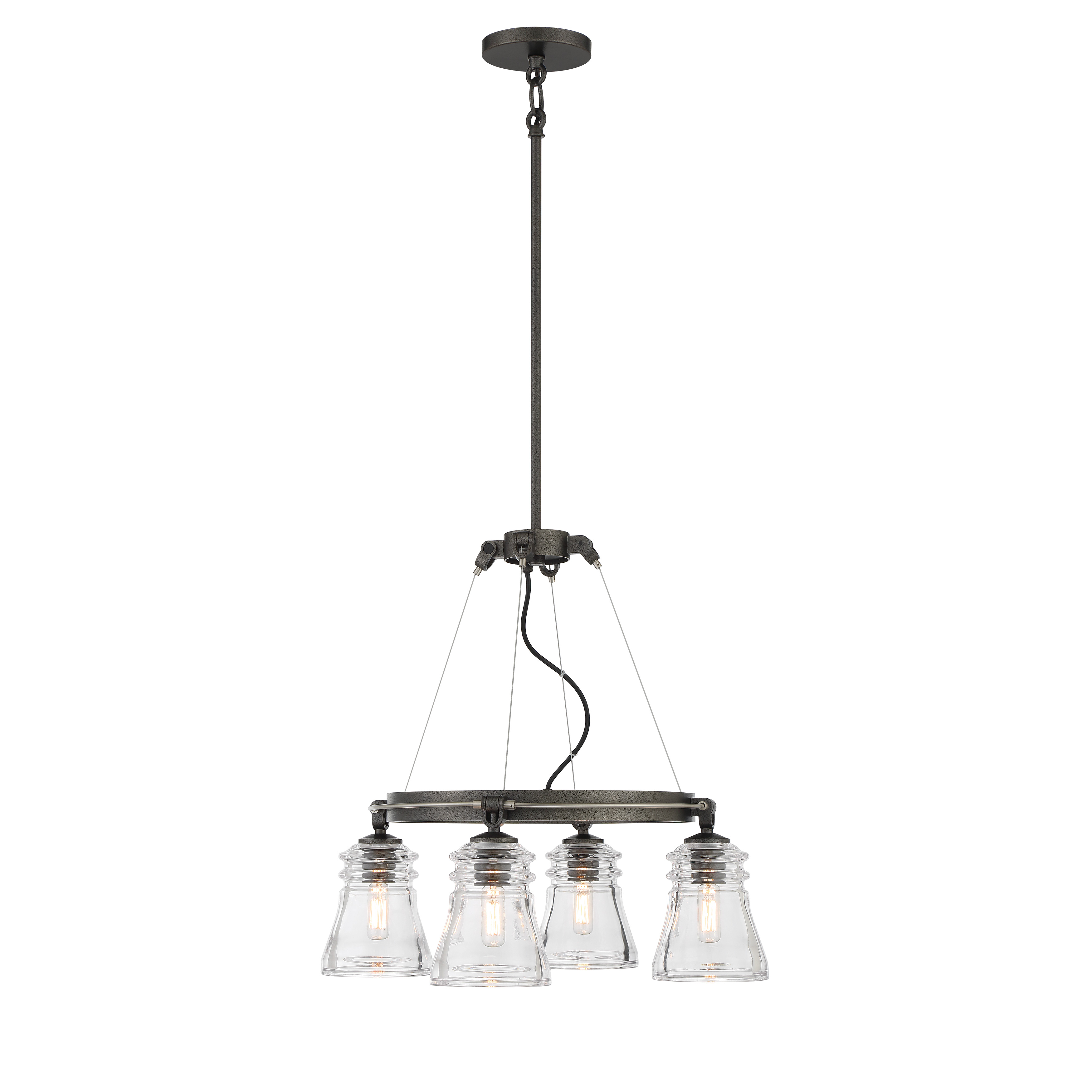 The Graham Avenue chandelier blends smoked iron and brushed nickel finishes for a sophisticated transitional look. Its 20-inch frame and clear glass shades create an airy presence perfect for dining spaces and kitchen islands. - alternate view