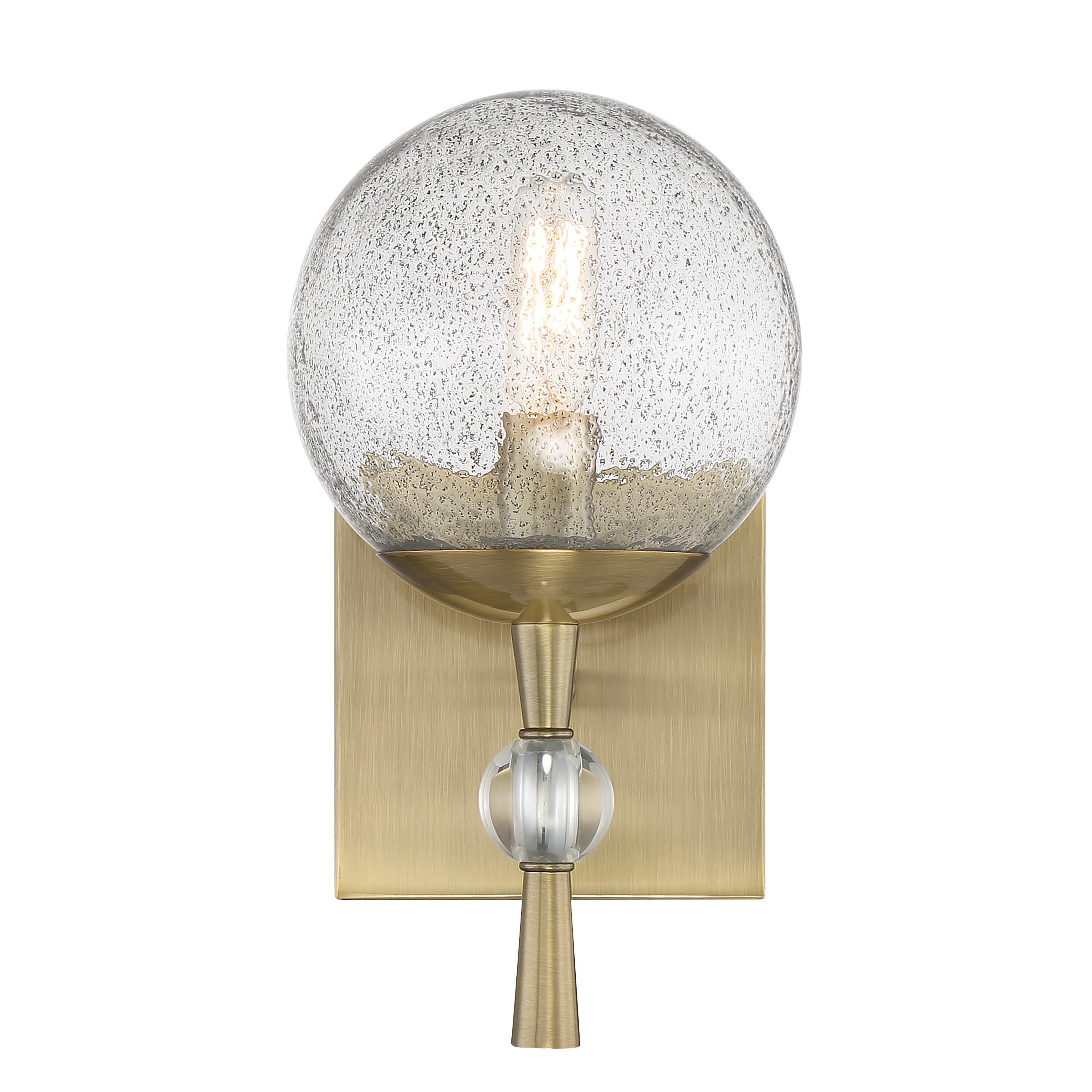 The Populuxe bath lamp combines industrial-modern aesthetics with artisanal craftsmanship. Its oxidized aged brass finish and unique volcanic glass shade create dramatic light diffusion perfect for contemporary bathrooms. - alternate view