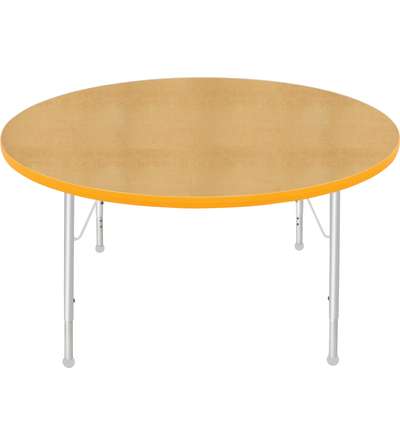 Creative Colors® Activity Table, Round, 48" Diameter, Maple Top Color, Yellow Edge Color, Standard Leg Height, Platinum Silver L