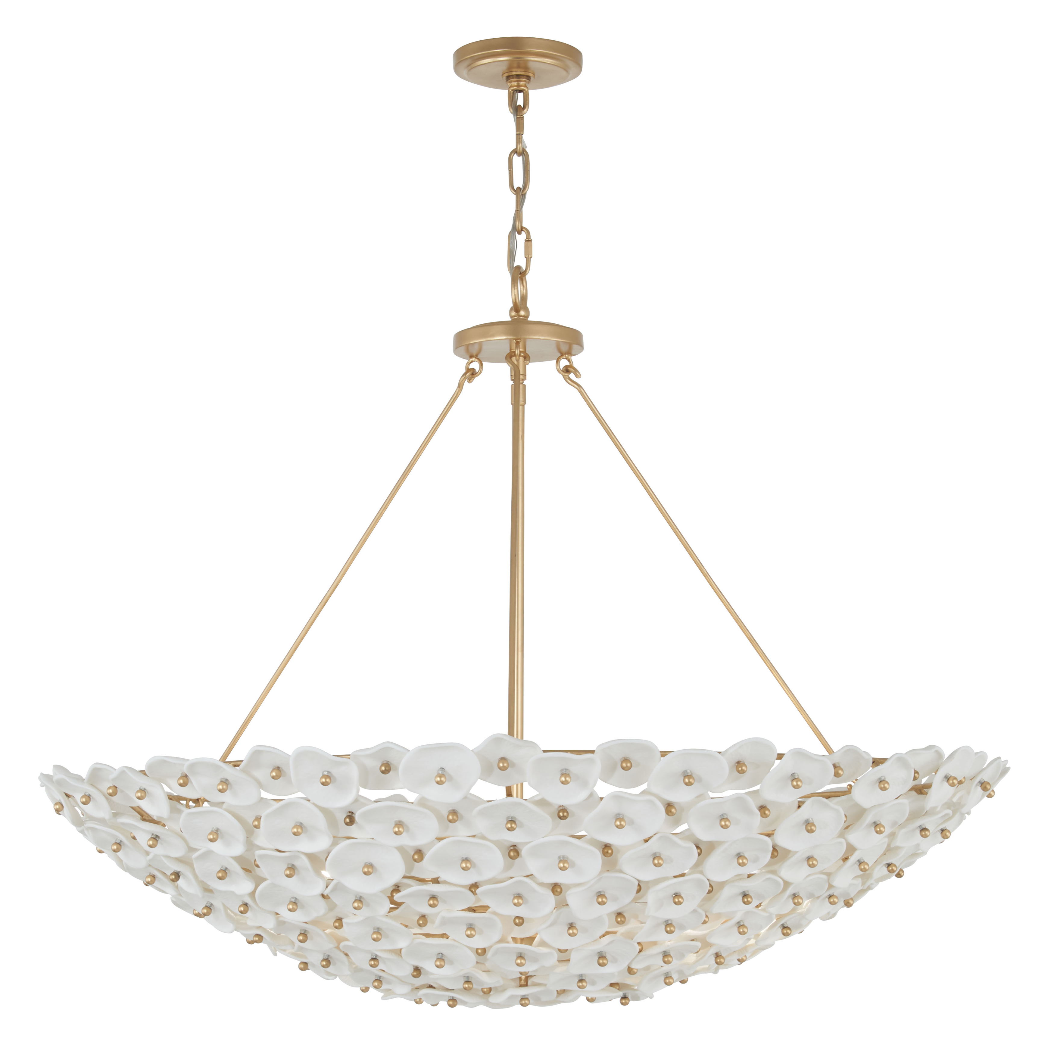 The Coastlyn 36" pendant combines modern sophistication with coastal charm through its generous scale, warm Legacy Brass finish, and distinctive ceramic shades. Eight lights provide ample illumination for large spaces. - alternate view