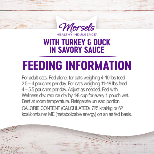 <p>For adult cats. Fed alone: for cats weighing 4–10 lbs feed 2.5 – 4 pouches per day. For cats weighing 11–18 lbs feed 4 – 5.5 pouches per day. Adjust as needed. Fed with Wellness dry: reduce dry by 1/8 cup for every 1 pouch wet. Best at room temperature. Refrigerate unused portion.</p>

