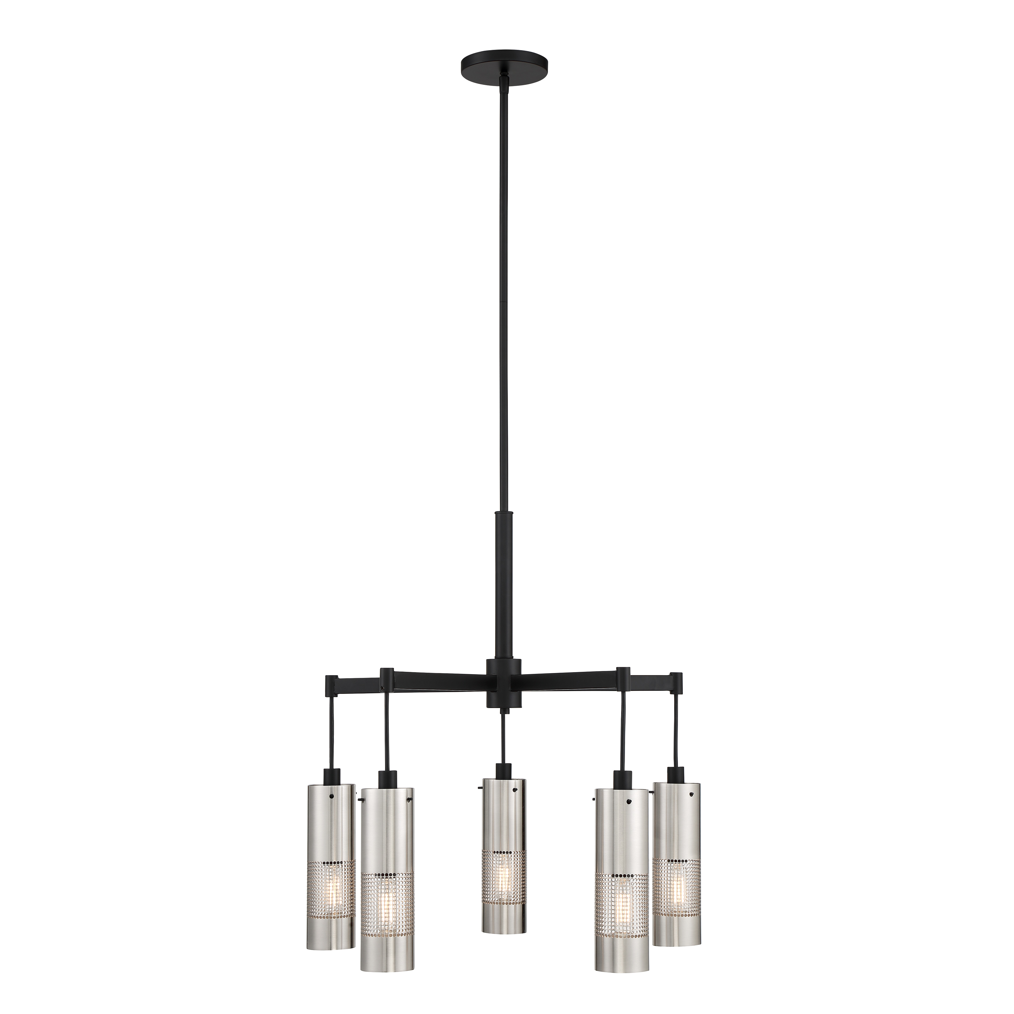 The Grid 3 chandelier combines brushed nickel and coal finishes in a geometric design that brings modern industrial style to any space. Its 24-inch cube form and five-light configuration provide balanced illumination. - alternate view