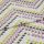 Folded cotton fabric with painterly square brushstrokes (mauve, chartreuse, olive, charcoal) arranged in staggered rows — folded across the frame, close-up on a flat surface under soft, diffuse lighting.