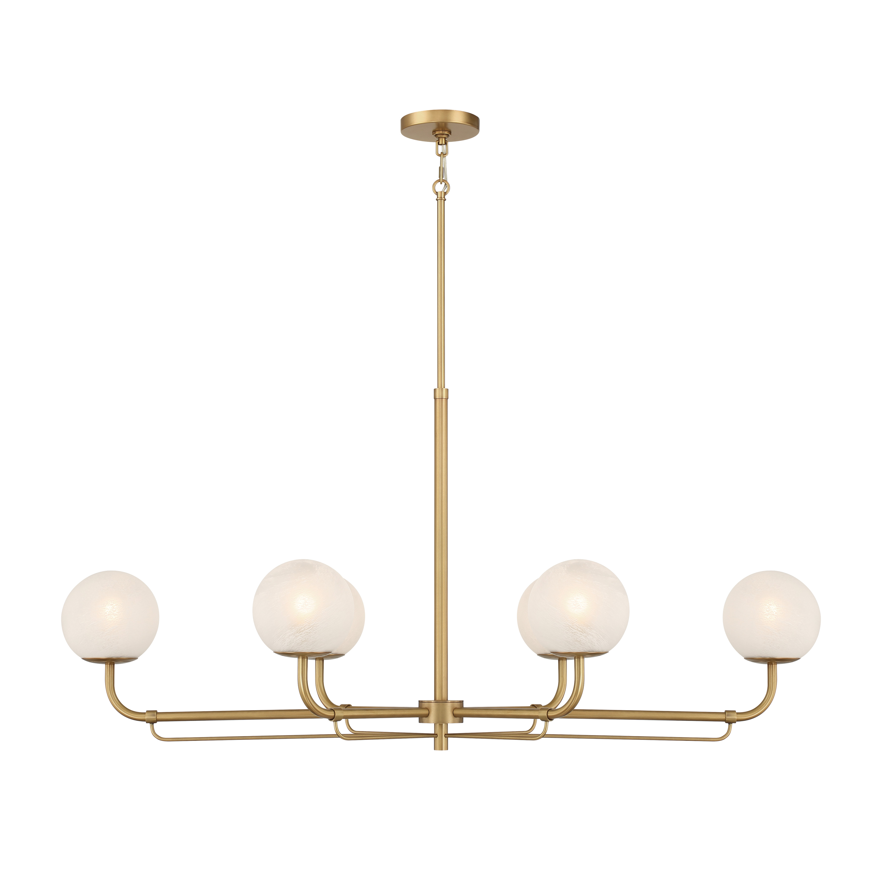 The Whitehall 46" island chandelier combines traditional elegance with transitional versatility. Its Legacy Brass finish and etched alabaster glass shades create warm, diffused lighting perfect for kitchen islands and dining areas. - alternate view