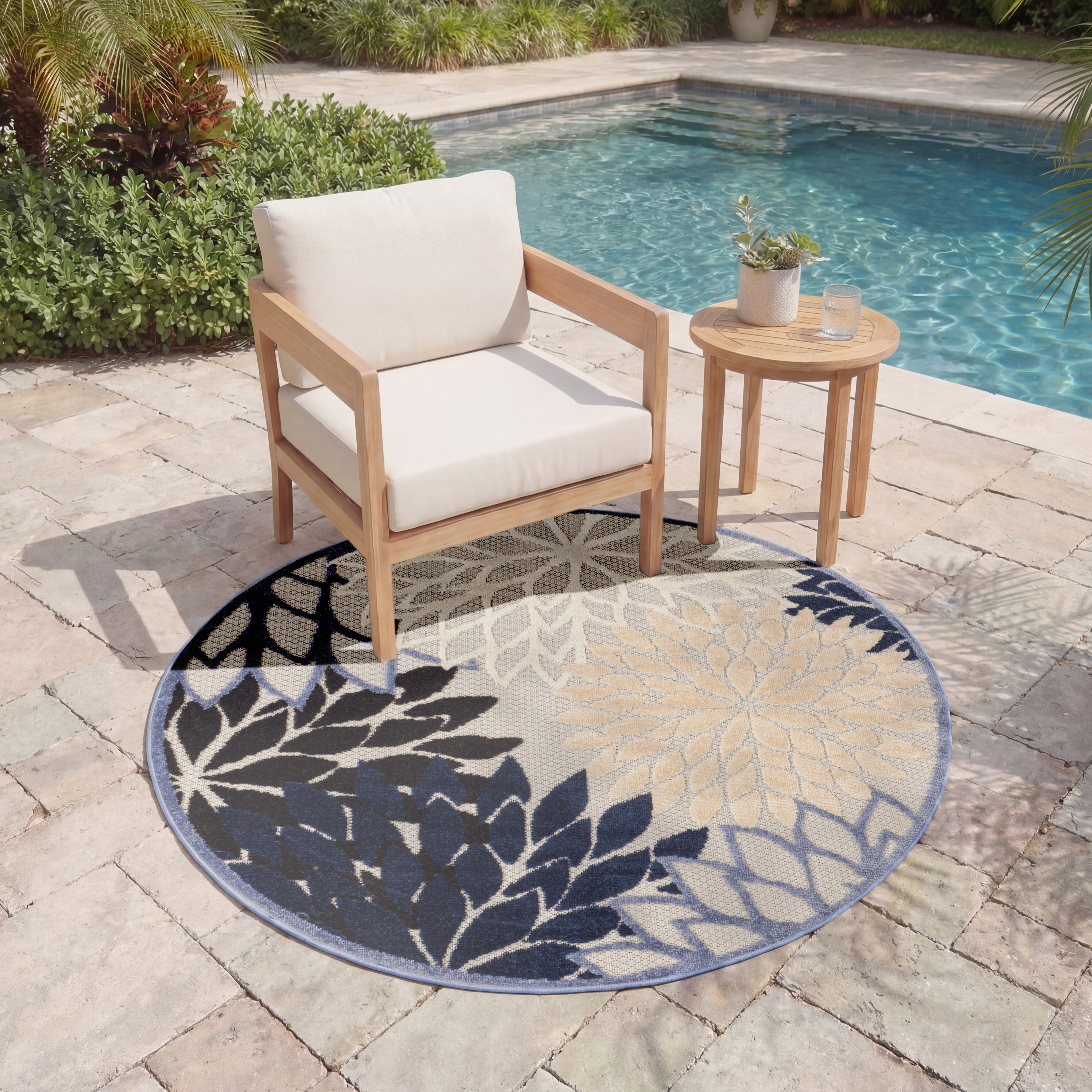 Nourison Aloha 5'3" x Round Blue Multicolor Tropical Rug